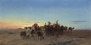 Eugene Girardet Painting - The caravan at dusk Eugene Girardet Orientalist